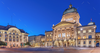 erland at blue hour. (“Curia Confoederationis Helveticae” translates to “The Parliament Building of Switzerland”)