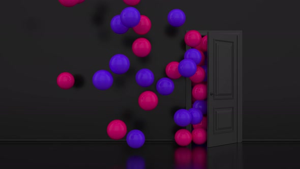 Pink and purple balls fly through the open door