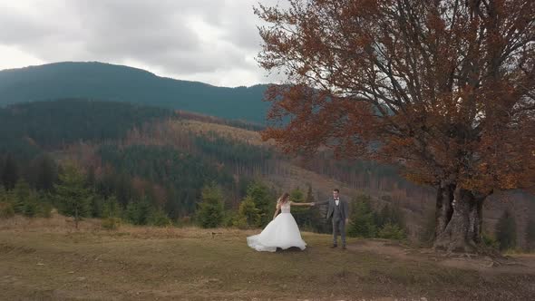 Lovely Newlyweds Bride Groom Dancing on Mountain Autumn Slope Wedding Couple Family Aerial View