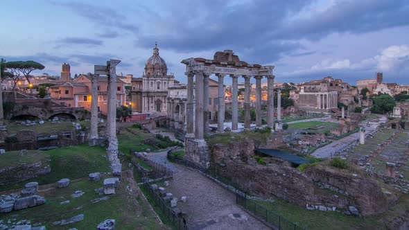 Ruins of Forum Romanum on Capitolium Hill Day to Night Timelapse in Rome Italy