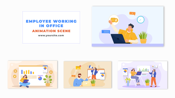 Flat 2D Character Performing Tasks at the Office Animation Scene