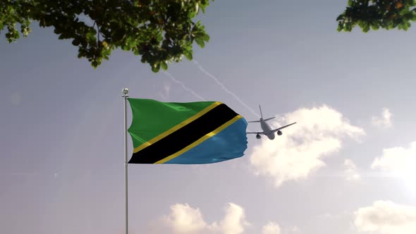 Tanzania Flag With Airplane And City -3D rendering