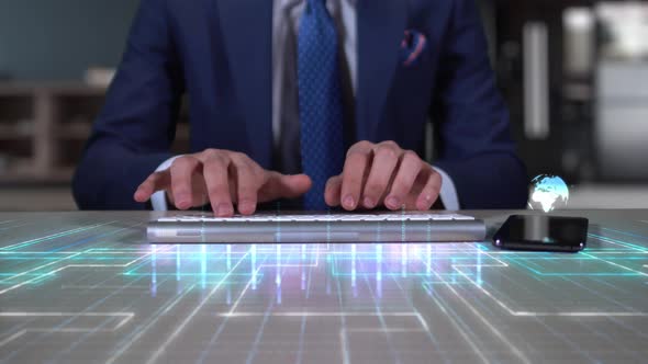 Businessman Writing On Hologram Desk Tech Word  Database