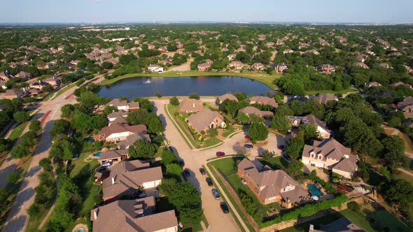 Aerial footage of a neighborhood in Flower Mound Texas. Location near Clearpoint Dr and Flower Mound