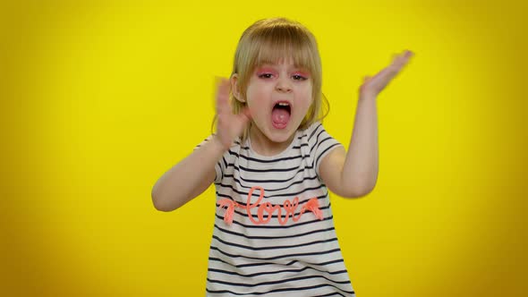 Funny Playful Child Girl Scream with Hand Near Mouth Waving Greeting with Hand As Notices Someone