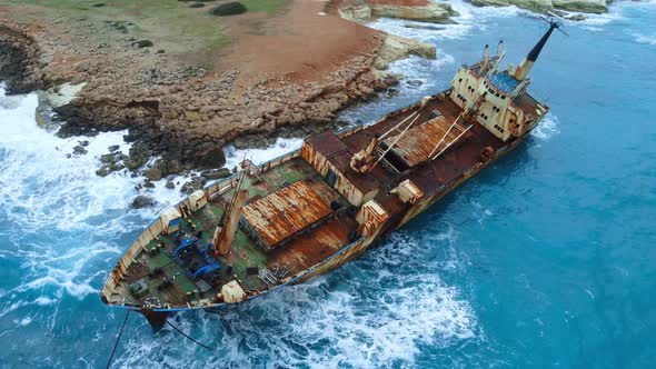 Wreck Sunken Ship in the Sea or Ocean Environmental Disaster Old Rusty Ship in Storm Sea Water