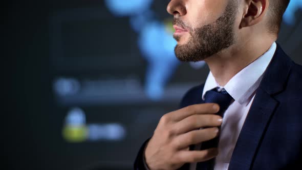 Closeup Fashion Business Man Tie Suit and White Shirt Global International Trade Futuristic Office