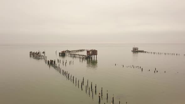 Aerial view of weathered boardwalks, former whaling, Tigres Island