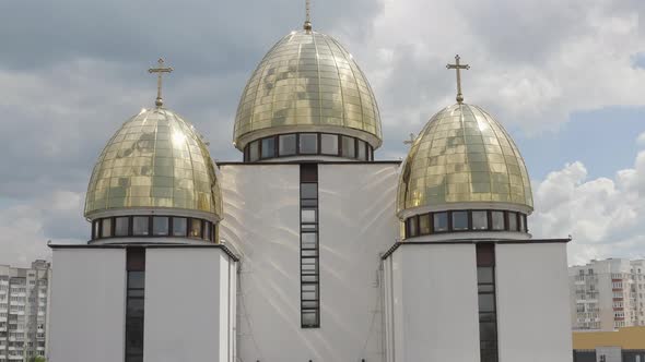 Dome of the Church Aerial View Traditional Old Church in City Lviv Ukraine Cloudy Sky Background