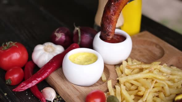 Dipping Tasty Grilled Sausage to Tomato Sauce