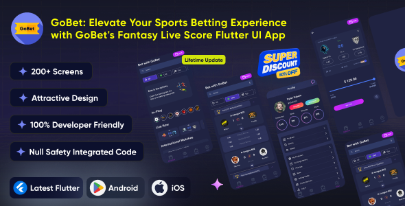 GoBet: Casino & Sports Betting Fantasy Live Score Flutter App Android + iOS Flutter App UI Template