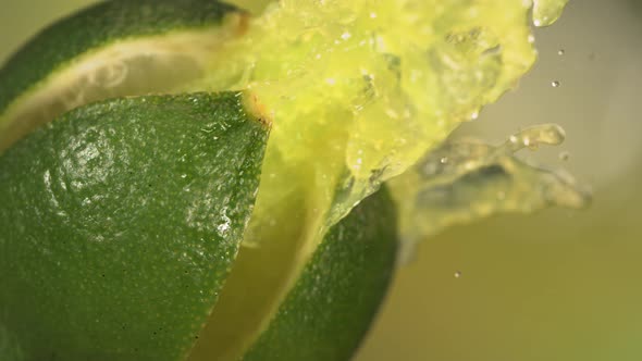 Fresh Lime Fruit Squirting with Juice in Slow Motion in Green Nature Background