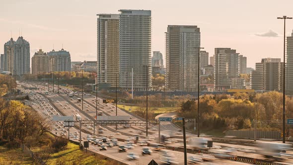 Toronto, Canada, Timelapse  - The Ontario 401 Highway at Sunset as seen from a bridge