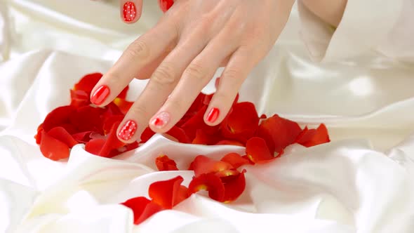 Female Hands and Rose Petals on White Silk.