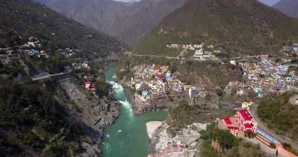 AERIAL: Ganga river in Rishikesh India