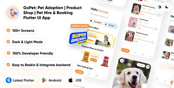 GoPet: Pet Adoption | Pets Product Shop | Pet Hire & Booking | Pets Grooming & Care | Flutter UI App