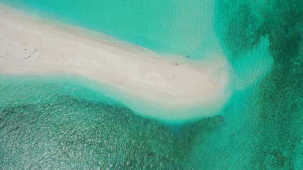 Aerial drone sky of relaxing sea view beach time by blue green lagoon with white sand background of 