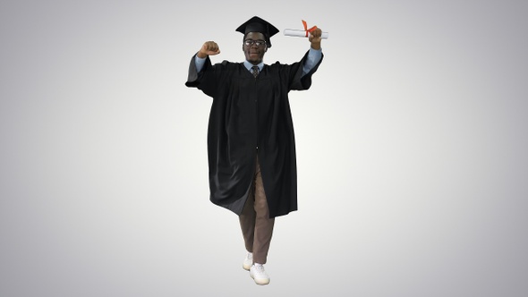 African American Student Walking Smiling on gradient background.
