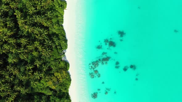 Wide angle overhead copy space shot of a white sand paradise beach and blue water background in colo