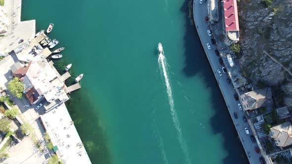 Aerial Panoramic View of Balaklava Landscape with Boats and Sea in Marina Bay on Sunny Day