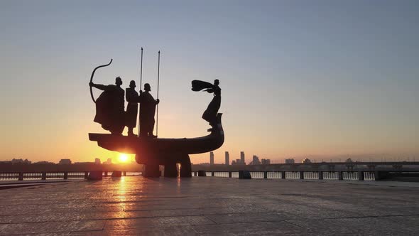 Symbol of Kyiv - a Monument To the Founders of the City in the Morning at Dawn. Ukraine. Aerial