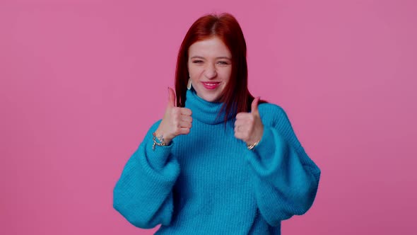 Teenager Girl Raises Thumbs Up Agrees or Gives Positive Reply Recommends Advertisement Likes Good