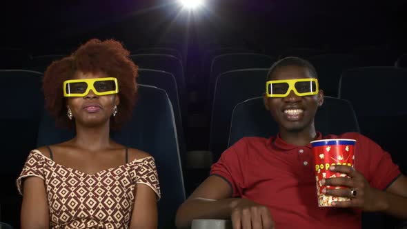 Happy African American Couple, Watching Movie In Theatre, Close Up. 3D Stereo Glasses