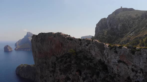 AERIAL: Reveal shot of Cape Formentor at north coast of Mallorca island