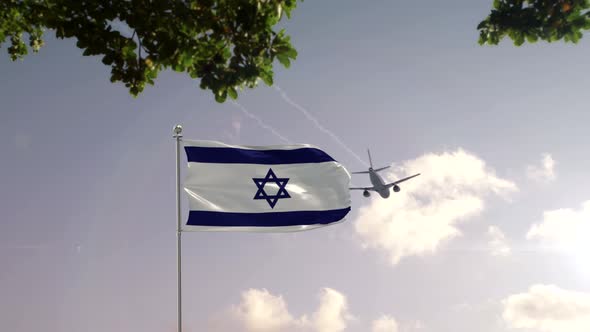 Israel Flag With Airplane And City -3D rendering alt
