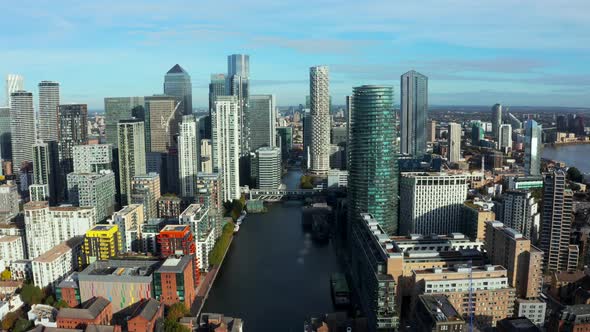 Aerial Panoramic View of the Canary Wharf Business District in London