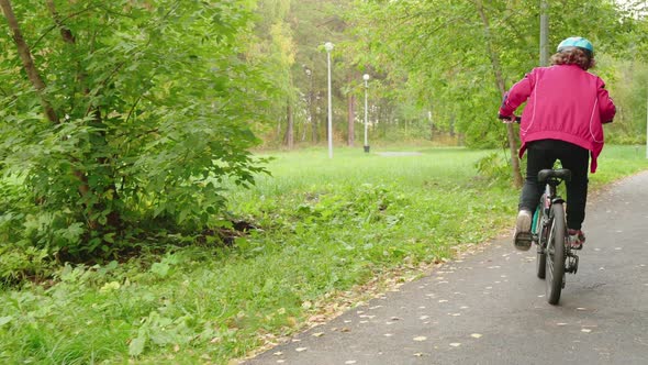 Boy Bicyclist Riding on Bicycle on Pathway in Autumn Park Rear View