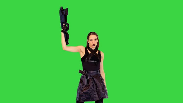 Anime Girl Poses with Machine Gun Taking an Aim Then Goes Away on a Green Screen Chroma Key