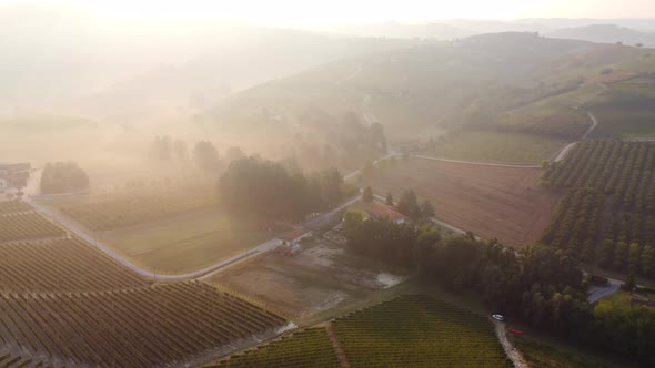 Langhe Vineyards at Sunset Aerial View, Piedmont Italy