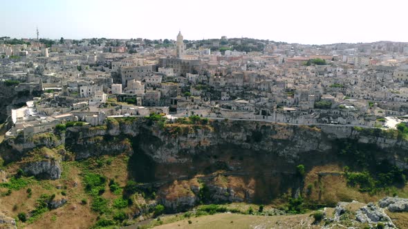 Aerial View of Ancient Town of Matera Circling Around City, Italy