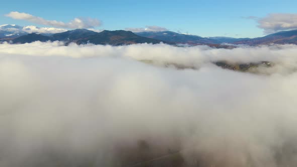 Aerial View of Mountain Hills Covered with Spruce Forest and White Dense Clouds Above at Bright