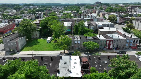 Homes in urban American city on summer day. Low income housing. Neighborhood in USA.