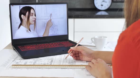 Female Makes Student Conference Video Call on Laptop Computer Talks with Web Student, Online Teacher