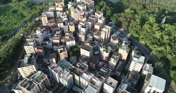 Aerial footage of sunrise urban village landscape  in Shenzhen city,China