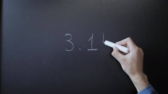 Hand writing number Pi with chalk on chalkboard. Education concept. 3.14