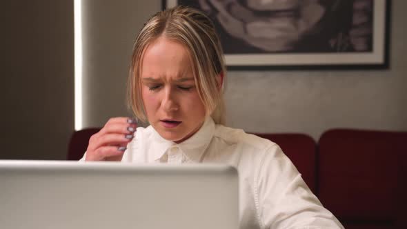 Close Up Tired Sad Businesswoman Face Looking at Laptop at the Home Office