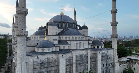 Establishing Orbiting Aerial Drone Shot of a Hagia Sophia Holy Grand Mosque with Bosphorus Bridge