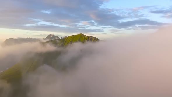 Beautiful landscape of Norway.Norway mountain on sunset clouds.Top point of view. Aerial view  