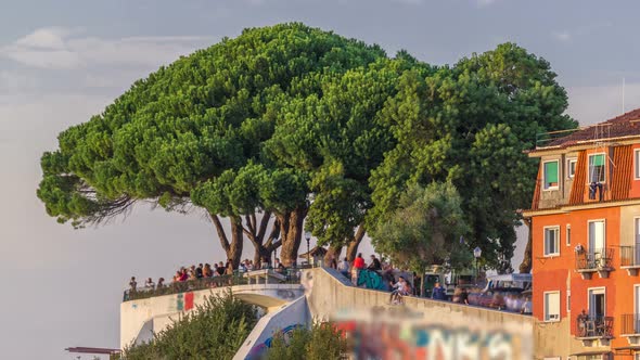 Tourists at Belvedere of Our Lady of the Hill Viewpoint, Looking at the Cityscape of Lisbon at