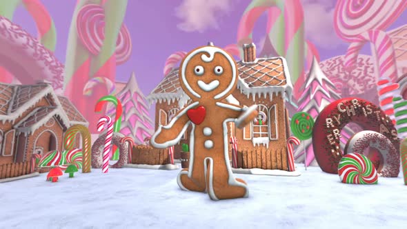 Gingerbread man dancing in a candy village