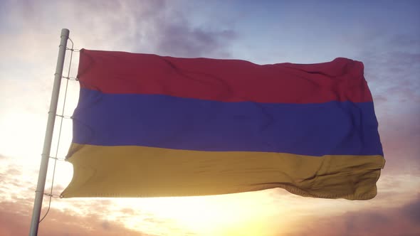 Flag of Armenia Waving in the Wind Sky and Sun Background