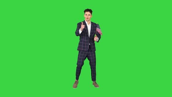 Agitator with American Flag Calls To Vote on a Green Screen, Chroma Key