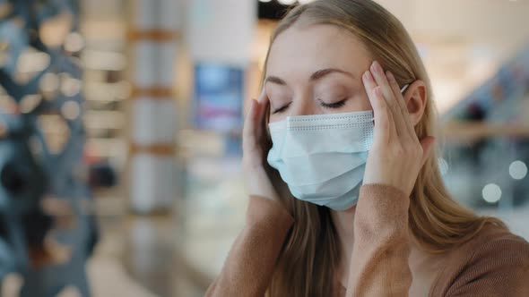 Caucasian Lady Sick Suffering Blonde Girl Ill Woman Wearing Medical Mask Holding Temples Forehead