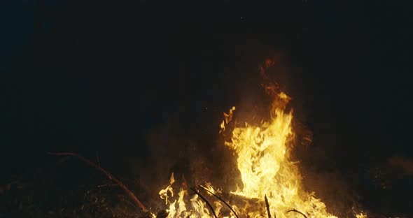 Fire Fighter with Safety Equipment and Axe Extinguishing Fire in Forest at Night