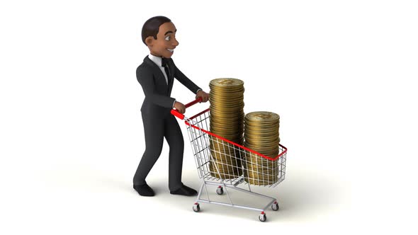 Fun 3D cartoon business man shopping with bitcoins