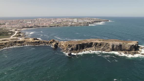 Jagged Peniche coastline, unique rocky peninsula, Papôa sunset cliffs; Portugal